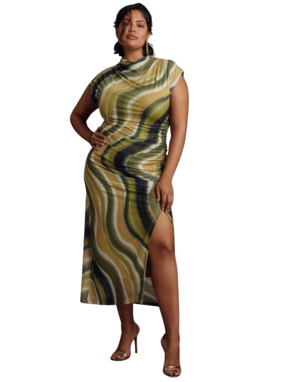 Anthropologie Maya Ruched Cowl Neck Mesh Midi Dress | Green Abstract Print | 2X